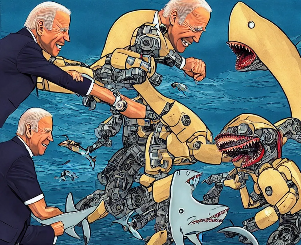 Prompt: joe biden fist fighting a robot shark franklin booth