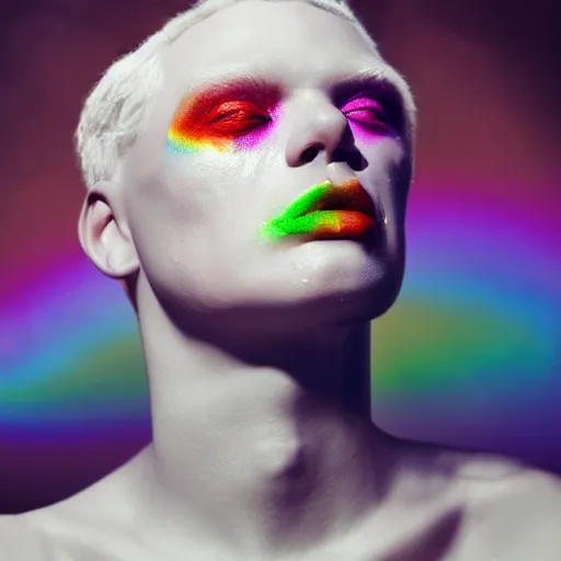 Image similar to beautiful albino model puking rainbows, unral engine octane, colorful, darkart