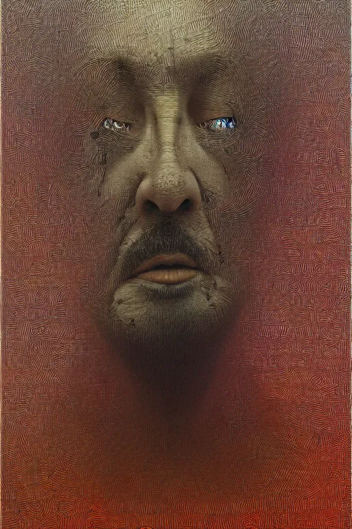 Image similar to ascii art, hyperrealism oil painting, portrait scary ai weiwei style zdzislaw beksinski