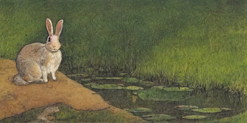 Image similar to a rabbit sitting by a pond, in the style of john bauer