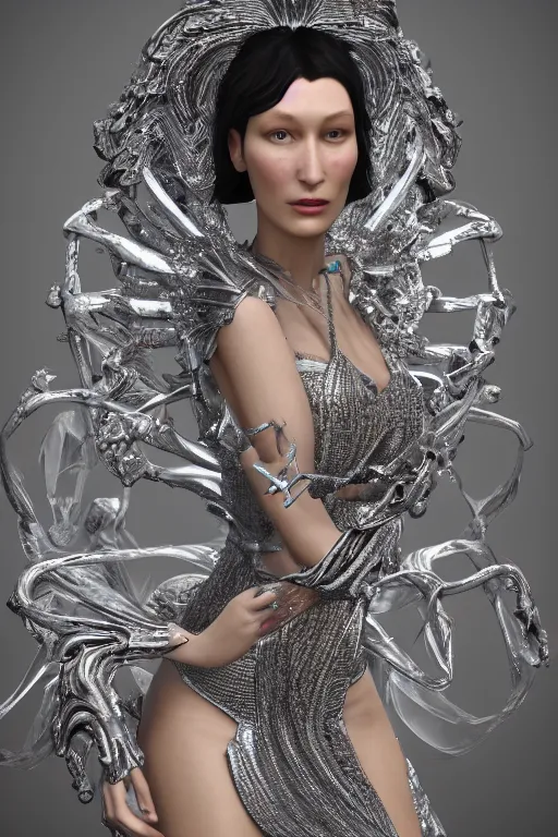 Image similar to a highly detailed 4 k render of a beautiful alien goddess bella hadid angel in iris van herpen dress schiaparelli in diamonds in style of alphonse mucha trending on artstation made in unreal engine 4