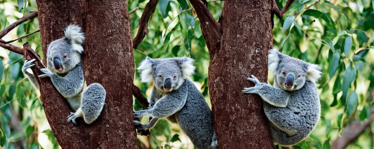 Image similar to 1 koala ( solo ), eating spaghetti from a tree, canon 5 0 mm, film, kodachrome, retro, muted