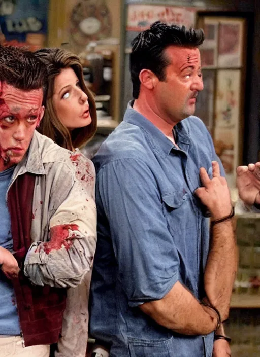 Prompt: a scene from friends where joey and chandler become zombies, face enhance, realistic, shaun of the dead, izombie, ultra detailed, octane render