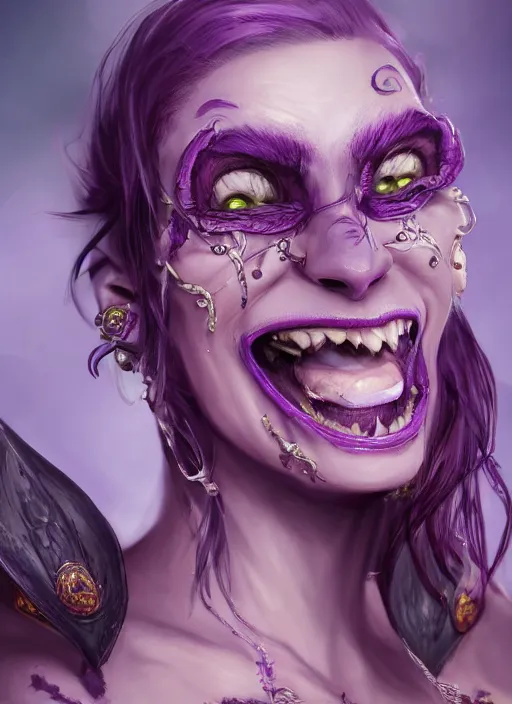 Image similar to purple skin, Tiefling Pirate, laughing, beautiful detailed eyes, cute, fantasy, intricate, elegant, highly detailed, digital painting, 4k, HDR, concept art, detailed jewelry, smooth, sharp focus, illustration, by Wayn Reynolds