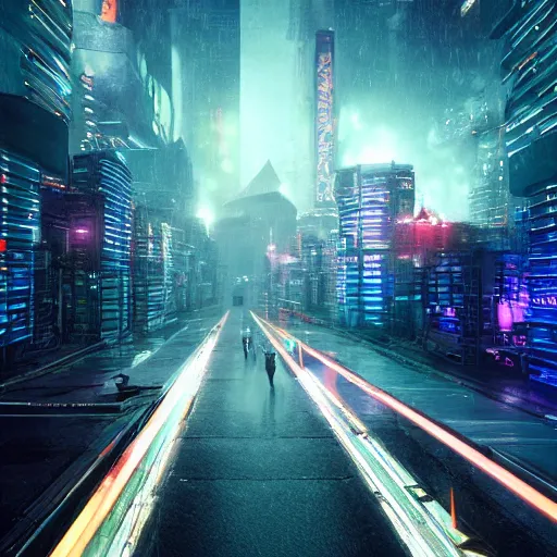 Image similar to gigantic chrome pyramid in the distance, brutalist, blade runner, sci fi, stunning detail, cityscape, cyberpunk, wet street, 8k, cinematic lighting, ultra realistic, colorful, neon, octane rendered,