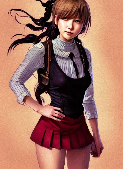 Image similar to portrait of a full body of beautiful young female detective, d & d, sleeveless turtleneck, pleated skirt, fantasy, flat lighting, intricate, highly detailed, digital painting, artstation, concept art, smooth, sharp focus, illustration, misa amane, art by simon bisley and greg rutkowski and alphonse mucha, natural tpose