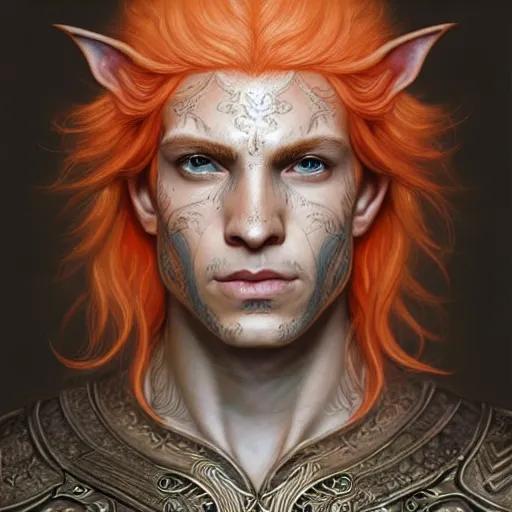 Image similar to portrait painting of a young elven man with a soft face and short light orange hair and tribal tattoos on his face wearing fur armor, ultra realistic, concept art, intricate details, eerie, highly detailed, photorealistic, octane render, 8 k, unreal engine. art by artgerm and greg rutkowski and charlie bowater and magali villeneuve and alphonse mucha