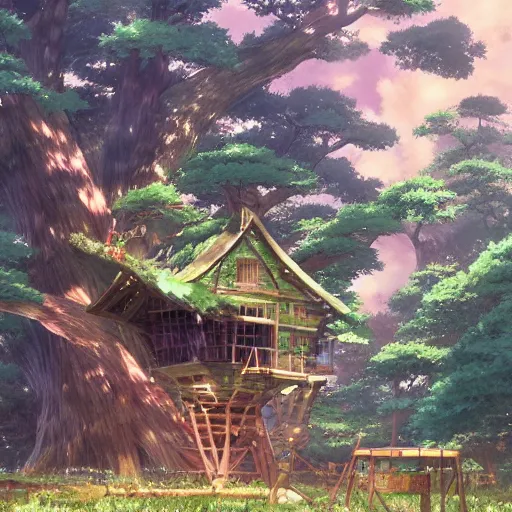 Prompt: The Tree house battle, by Dice Tsutsumi, Makoto Shinkai, Studio Ghibli