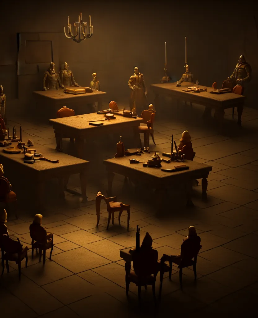 Image similar to the forbidden underground meetings of the traitors, a dimly lit stone room, a single table, some old chairs, all traitors are debating how to kill the king, cinematic landscape, betrayal in the air, octane render, artstation