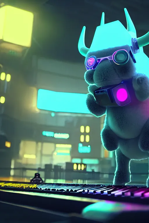 Image similar to high quality 3 d render very cute neuromancer fluffy! cyborg cow playing! keyboard!!, highly detailed, unreal engine cinematic smooth, in the style of blade runner & detective pikachu, hannah yata charlie immer, moody light, low angle, uhd 8 k, sharp focus