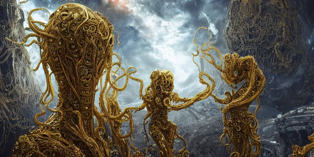 Prompt: a photo of 8 k ultra realistic corrupted lovecraftian golden humanoid queen standing next to a spaceship window overlooking earth, 8 intricate white and gold tentacles, ornate white and gold armour, cinematic lighting, trending on artstation, 4 k, hyperrealistic, focused, extreme details, cinematic, masterpiece, art by philippe druillet