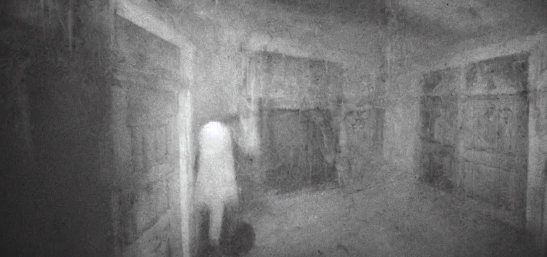 Image similar to scary ghost caught from a camera's tape in a haunted house, scary atmosphere, black and white