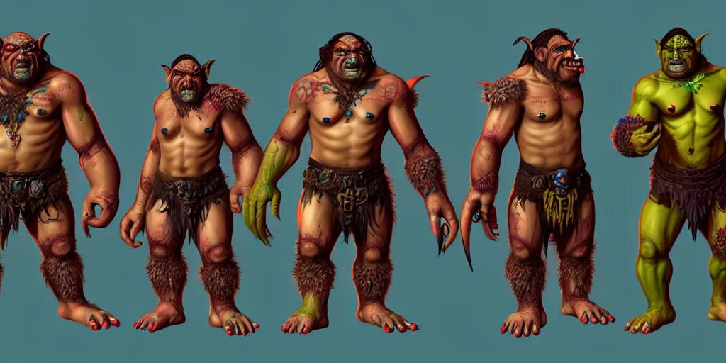 Prompt: different views of orcs, colourful intricate!! concept art by senior character artist, trending on artstation, full body character design