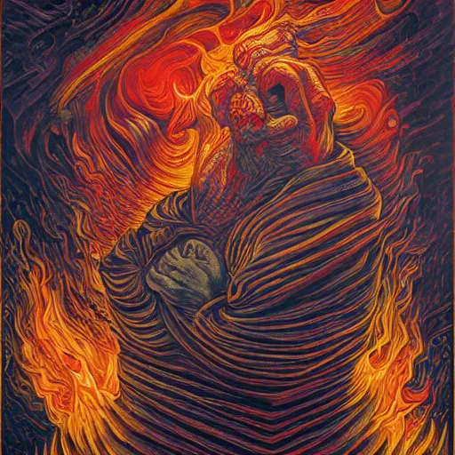 Image similar to god of fire, fog, surreal by dan mumford and umberto boccioni, oil on canvas