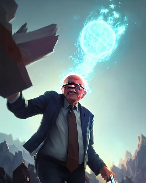 Prompt: bernie sanders as a league of legends champion, medium shot close up, details, sharp focus, illustration, by jordan grimmer and greg rutkowski, trending artstation, digital art