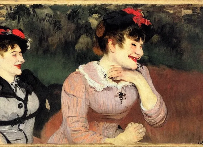 Prompt: portrait of a lesbian couple!!! high details! moody! smiling!! romantic, slight fog!!! by édouard manet