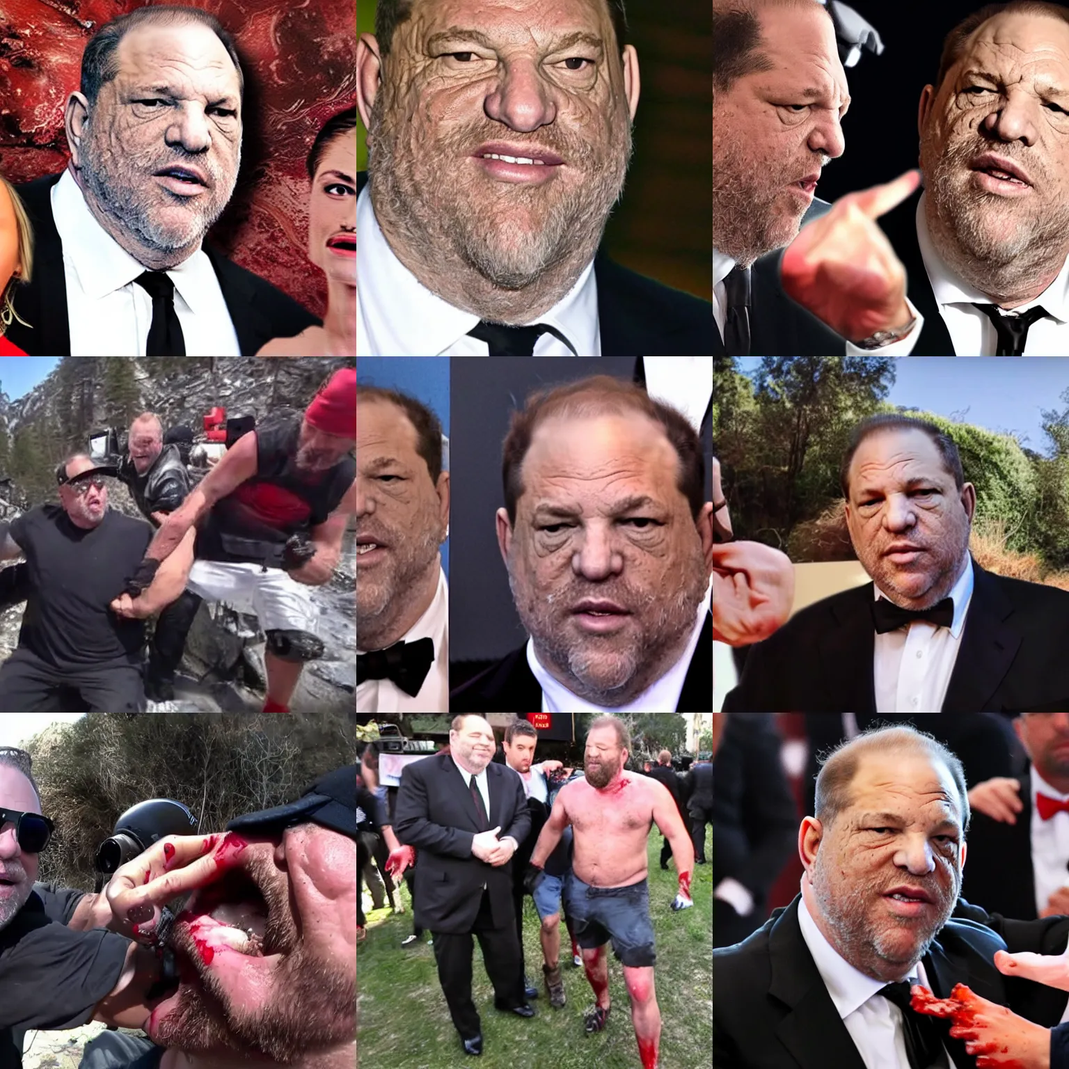 Prompt: gopro footage of harvey weinstein getting mangled by gigachad, blood and bone, red meat shreds