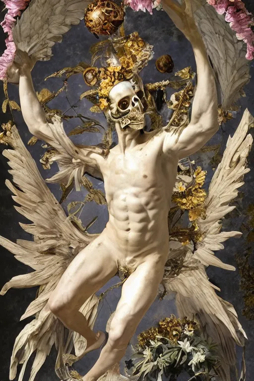 Image similar to A flying icarus reaching for the sun with a skull mask and wings as a corrupted and glitched Greek sculpture, glowing quartz crystal skull, wreath of ferns, abstract milky quartz eyes, many large flying monster eyes, flowing sakura silk, fabric, flowers. baroque elements, human skull. full-length view. baroque element. intricate artwork by caravaggio. many many birds birds on background. Trending on artstation. halo. octane render, cinematic, hyper realism, octane render, 8k, depth of field, 3D