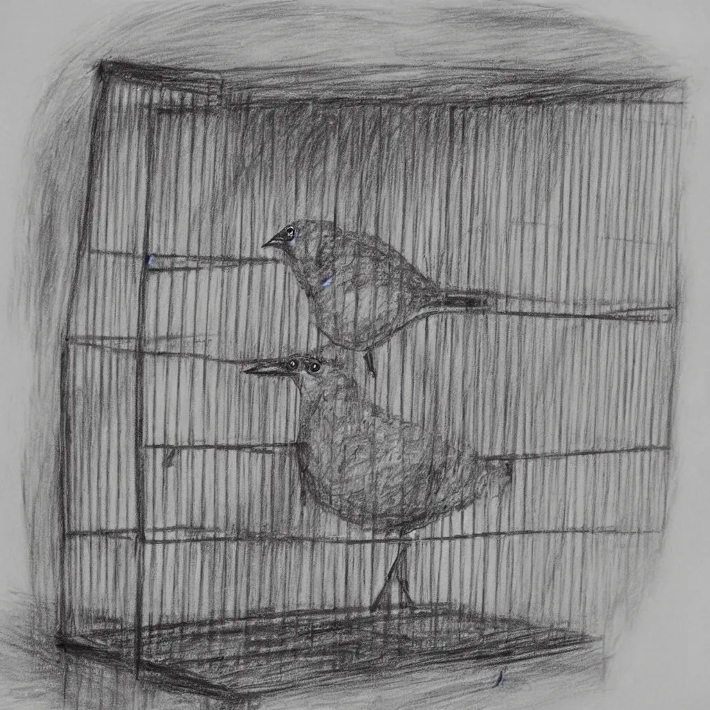 Prompt: a charcoal sketch of a bird in a cage, black and white
