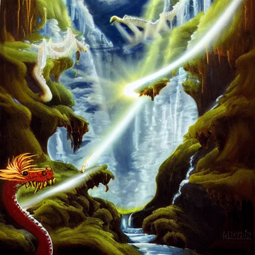 Image similar to oil painting of a dragon flying in the air near a cave with a waterfall in the center, light emanating from the waterfall leading to a big pool of water, dragon has black and white siberian tigerlike stripes, elegant, sharp focus, wide shot, clear, detailed, early renaissance