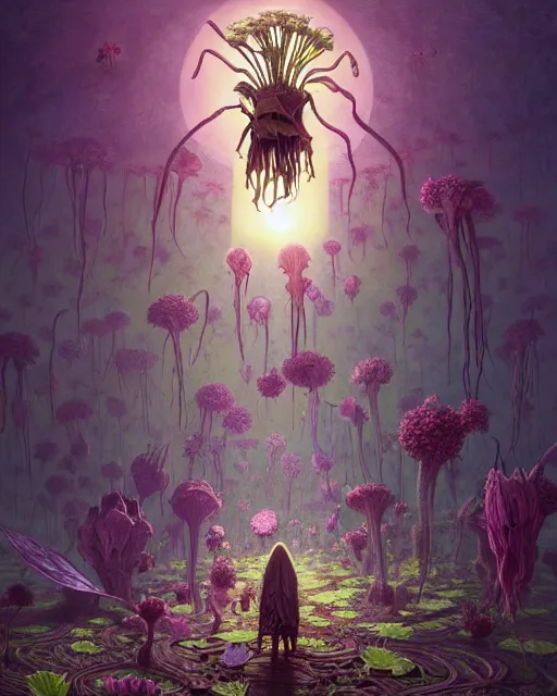 Image similar to the platonic ideal of flowers, sprouting, insects and praying of cletus kasady carnage davinci dementor chtulu mandelbulb ponyo alice in wonderland dinotopia watership down, d & d, fantasy, ego death, mdma, dmt, psilocybin, concept art by greg rutkowski and simon stalenhag and alphonse mucha