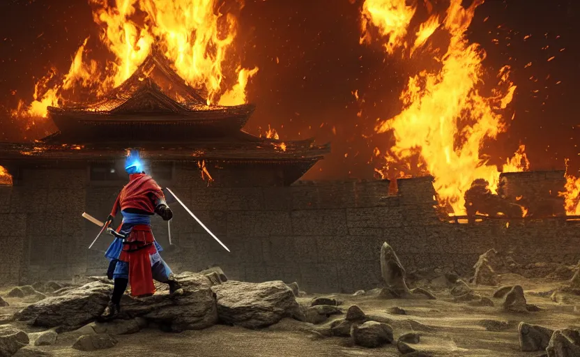 Prompt: highly detailed 3 d render of standing shinobi warrior in front of massive fire, burning japanese castle from sengoku period, surrounded by dense rock formations, black smoke, blue night, cinematic lighting, photobash, raytracing, high contrast, golden ratio