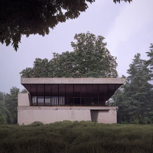 Image similar to rectangular modernist house inspired by a tibetan palace, atrium, two levels, in a field, big trees, clouds, dramatic lighting, artstation, matte painting, raphael lacoste, simon stalenhag, frank lloyd wright, drone view