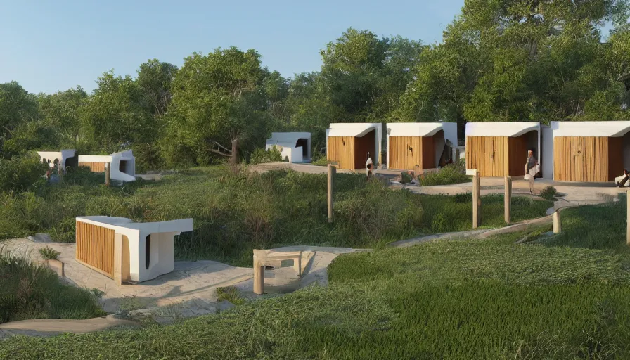 Prompt: An architectural rending of an eco-community neighborhood of innovative contemporary 3D printed sea ranch style cabins with rounded corners and angles, beveled edges, made of cement and concrete, organic architecture, in a lush green eco community with side walks, parks and public space , Designed by Gucci and Wes Anderson, golden hour