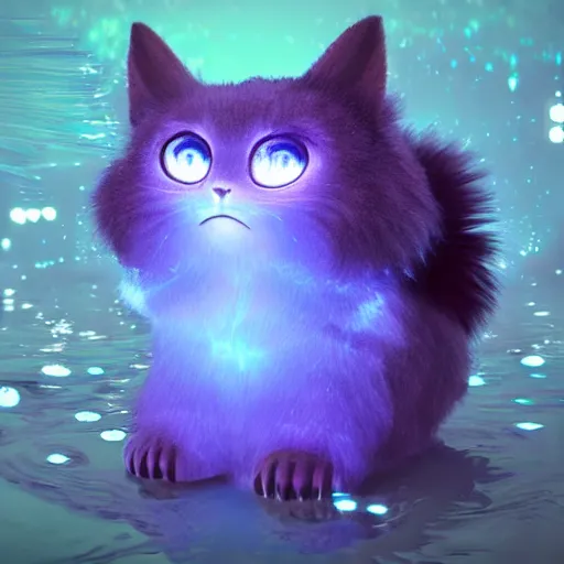 Image similar to ultra-realistic ultra-detailed adorable fluffy bioluminiscent headphones in the style of ghibli kazuo oga, blue and purple fur, big ears, beautiful light big eyes, underwater landscape, DOF, soft lighting, unreal engine render