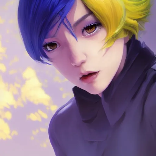 Prompt: ilya kuvshinov with blue hair, yellow irises, professional digital painting, concept art, unreal engine 5, 8 k, cinematic, wlop, tendrils in the background, art by greg rutkowski, pixiv art, junji ito, yoshitaka amano