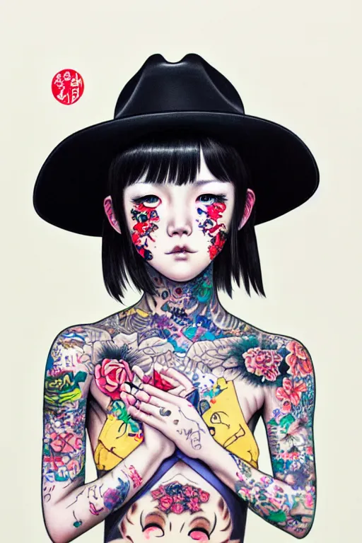 Image similar to full view of girl from taipei with tattoos, wearing a cowboy hat, style of yoshii chie and hikari shimoda and martine johanna, highly detailed