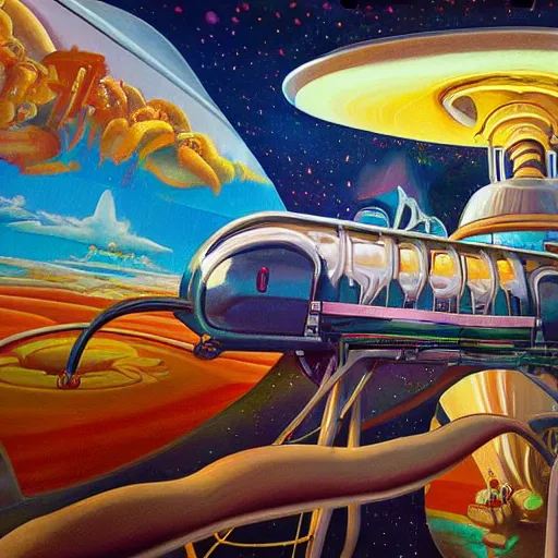 Prompt: the astro orbiter ride at disneyland melting in the heat, surreal painting, high detail