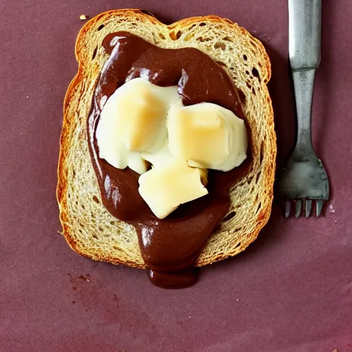 Image similar to a piece of toast slathered with Nutella