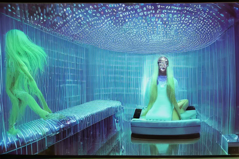 Prompt: high-angle view of a vivacious female jellyfish human hybrids wearing vacuum tube amp discowear with transparent digital number readout floating in front of face, sitting inside of a flooded 1970s luxury bungalow cabin with infinity mirror table, submersible vessel seamlessly clipping through wall, suspended soviet computer console on ceiling, ektachrome color photograph, volumetric lighting, off-camera flash, 24mm f8 aperture