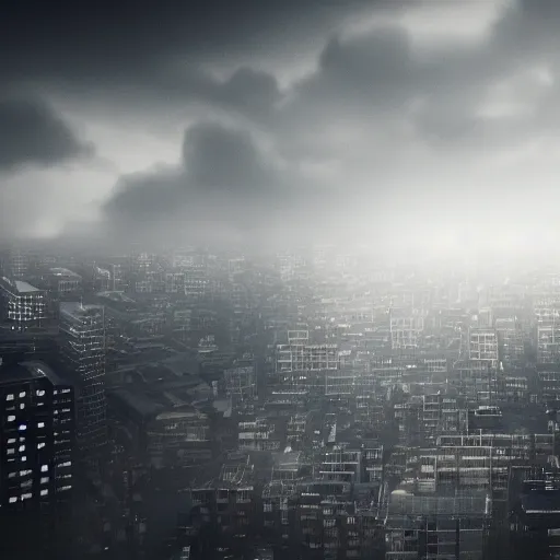 Prompt: ominous shadowy figure of a monster inside the clouds of a modern day city, eerie, creepy, hyper realistic, 8k, cinematic