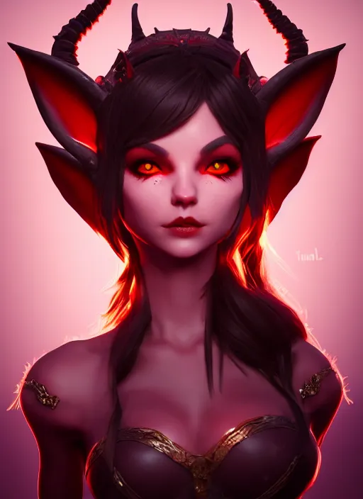 Image similar to imp demon goddess, cute elf ears, strapless dress, character portrait in the style of thomas river and artgerm, cinematic lighting, hyperdetailed, 8 k realistic, symmetrical, global illumination, radiant light,, frostbite 3 engine, cryengine, dof, trending on artstation, digital art, chanel