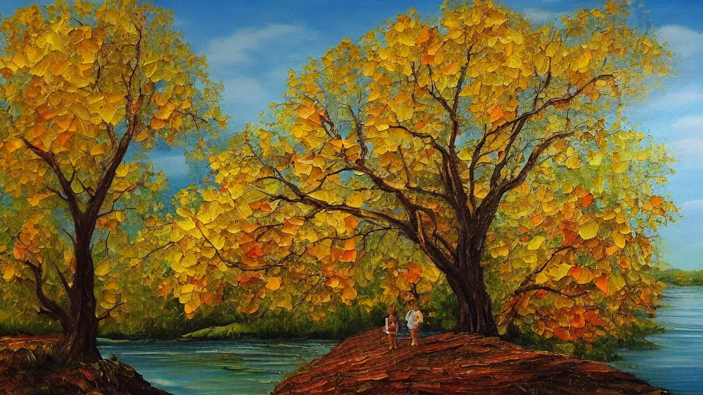 Image similar to A beautiful oil painting of a single tree, the tree is in the rule of thirds, a family is under the tree having a picnic, the kids are playing in the river and the dog is running through the river splashing the water, the fall has arrived and the leafs started to become golden and red, the river is flowing its way, the river has lots of dark grey rocks, oil painting by Greg Rutkowski