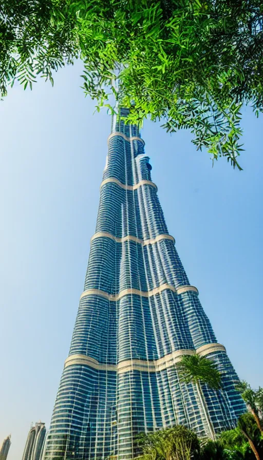 Prompt: the burj khalifa in a beautiful green metropolis surrounded by plants, trees and greenery.