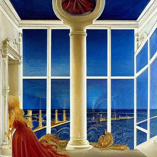 Image similar to giant mansion room 4 stories tall with balconies and windows, walls filled with modern art paintings, doors that are cosmic portals, painting by Botticelli