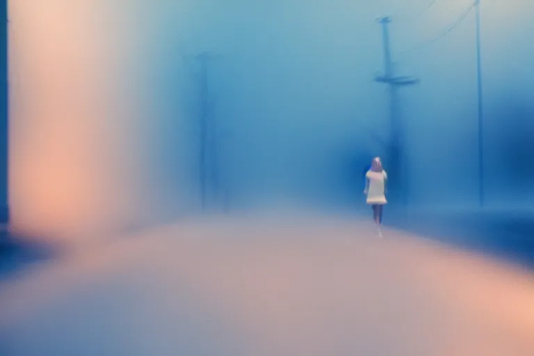 Image similar to film photography, blue theme, minimalism, close up woman lips running in the blue fog, low shutter speed, 35mm, motion blur