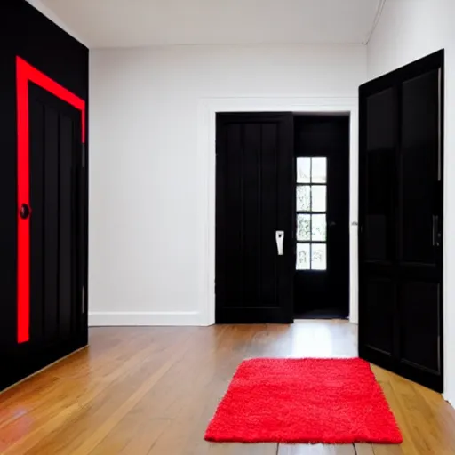 Image similar to an all black room with a glowing red door on the far side, surreal,