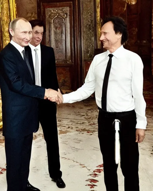 Image similar to sixty years old viktor tsoi with joyful look in a business suit shaking hands with vladimir putin, in kremlin, color photo, mid shot photo, digital photo, high resolution