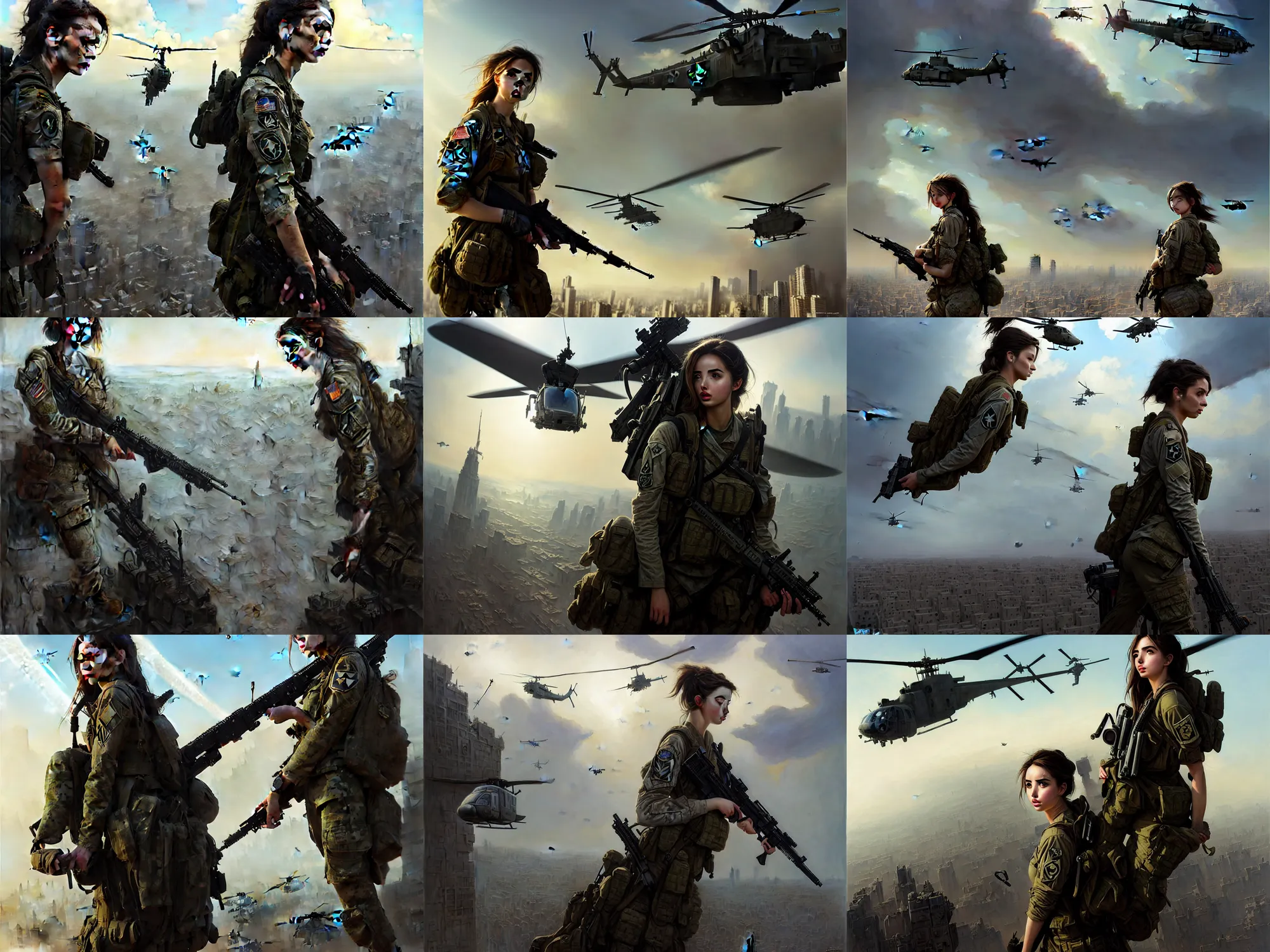 Prompt: Beautiful matte painting portrait of a beautiful female modern combat soldier with a face like Ana de Armas, being airdropped by helicopter into apocalyptic downtown Tokyo by Marvel Comics, fantasy, dark, intricate, Greg Rutkowski, Krenz Cushart and Pan_Ren_Wei and Hongkun_st and Bo Chen and Wayne Barlowe and WLOP, crepuscular rays, set in the streets of a ruined Tokyo, dapped light, dark fantasy, feminine figure, smooth skin, gorgeous, pretty face, beautiful fashion model body, high detail, hyper realistic, digital illustration, trending on artstation