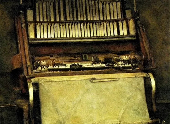 Image similar to battered dieselpunk pipe organ, painting by andrew wyeth, very detailed, somber mood,