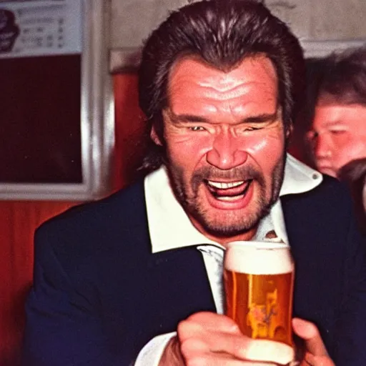 Prompt: Big trouble in little China, Jack Burton (no facial hair) drinking beer, Chinatown bar, amazing shot, colorized, 1987