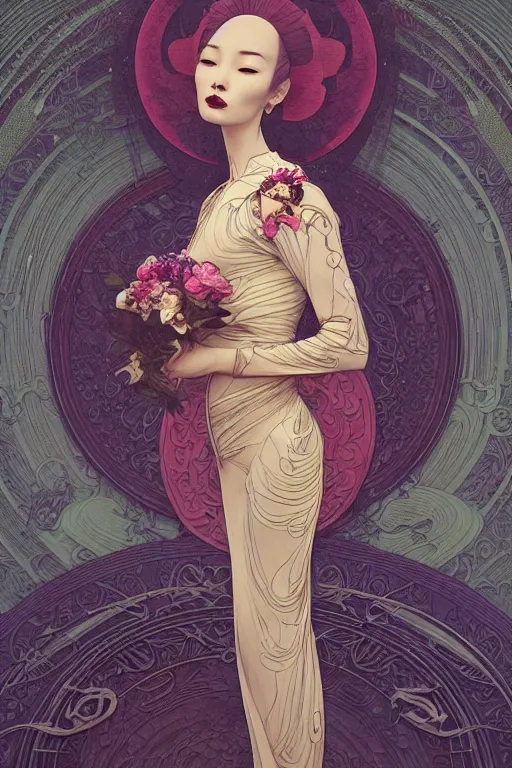 Image similar to full length portrait of a beautiful mysterious chinese humanoid holding bouquet of flowers by eve ventrue, michael carson, andreas rochas, john watkiss, casey weldon, artgerm. art nouveau. tarot card by mucha. gloomhaven. swirly intricate linework background. gaudy colors, sharp edges. octane render