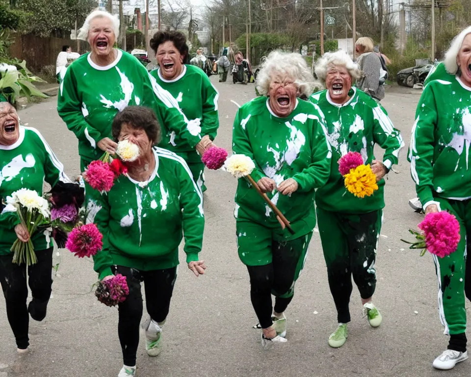 Image similar to a gang of old ladies waving machetes, and carrying flowers, and wearing green and white Umbro track suits, with blood splatters laughing maniacally and screaming