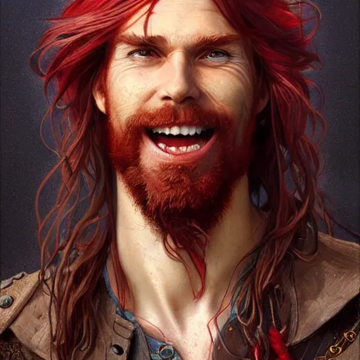 Image similar to portrait of a young ruggedly handsome but joyful pirate, male, masculine, upper body, red crimson hair, long long flowing hair, fantasy, proud grin, intricate, elegant, highly detailed, digital painting, artstation, concept art, matte, sharp focus, illustration, art by artgerm and greg rutkowski and alphonse mucha