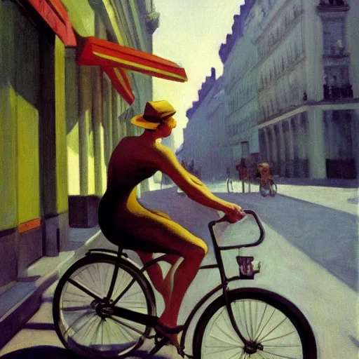 Image similar to cthulu riding a bike in paris. edward hopper. faithfully depicted, sharp focus, global illumination, radiant light, detailed and intricate environment, trending on artstation