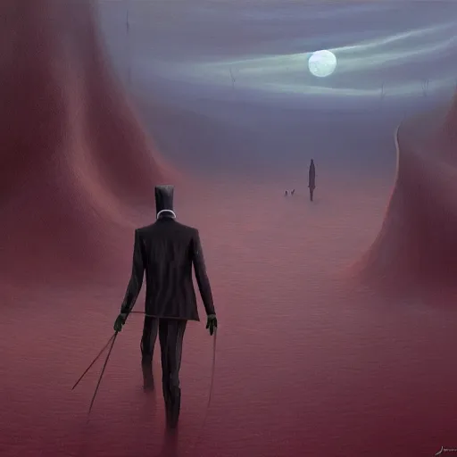 Image similar to A lonely slenderman walking a corrupted crystal desert by Jacek Yurka, Carl Gustav Carus, 8k, ultra realistic painting, trending on artstation